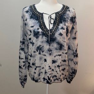 Kyra Blue & White Tie-Dye Blouse | Metal Neckline Detail | Size M